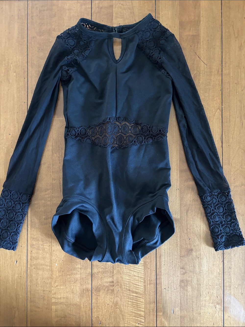 Five Dancewear Black Lace Long Sleeve Bodysuit open back .